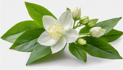 Poster - fresh green organic jasmine flower isolated on white background transparent background and natural transparent shadow ingredient spice for cooking collection for design