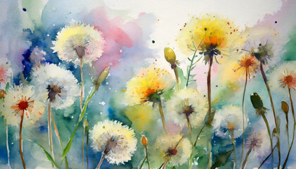 Wall Mural - watercolor dandelions art light tones background wallpaper freedom of flight