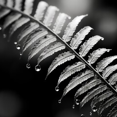 Canvas Print - Black and white photograph of a fern leaf with water droplets, AI