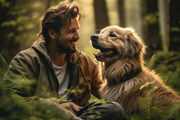 Canvas Print - A man and his dog sharing an elated moment in a lush forest, conveying the happiness of a deep bond between humans and pets. Concept of companionship and nature. Generative Ai.