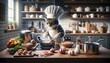 Cat chef preparing a meal in the kitchen.