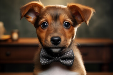 Sticker - A charming puppy with an elegant bowtie, ready for a formal affair. Concept of puppy style. Generative Ai.