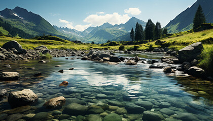 Wall Mural - Majestic mountain peak reflects in tranquil flowing water generated by AI