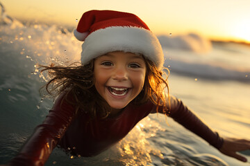  happy girl wearing a Santa hat catching waves on a sunny Christmas morning, unique and exciting way to celebrate the holiday, riding the waves, Santa Claus, ocean, fun joy beautiful.