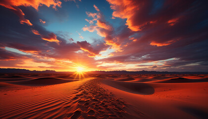 Wall Mural - Tranquil scene of vibrant sunset over arid sand generated by AI