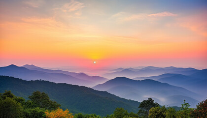 Wall Mural - Majestic mountain peak back lit by orange sunset silhouette generated by AI