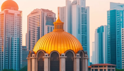 Poster - Golden office symbol reflects modern Arabian city skyline at sunset generated by AI