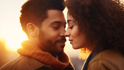 Wall Mural - Young couple enjoying sunset, flirting and kissing face to face generated by AI