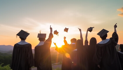 Wall Mural - Graduates celebrate success with diploma, gown, and cheerful smiles outdoors generated by AI