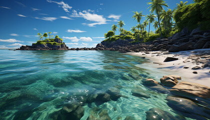 Wall Mural - Tropical paradise, blue water, sandy beach, palm trees generated by AI