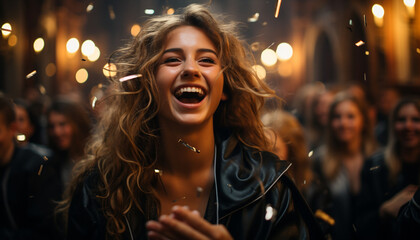 Wall Mural - A young woman smiling, enjoying the nightlife, in a city club generated by AI