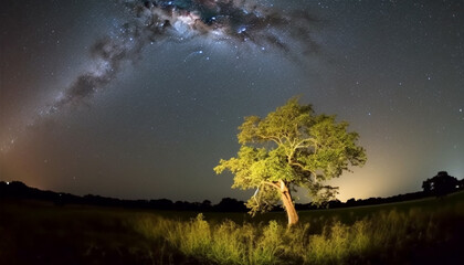 Poster - Majestic star field illuminates the Milky Way in panoramic view generated by AI