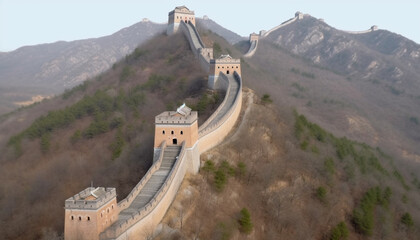 Poster - Majestic ancient wall, broken and damaged, surrounded by mountain range generated by AI