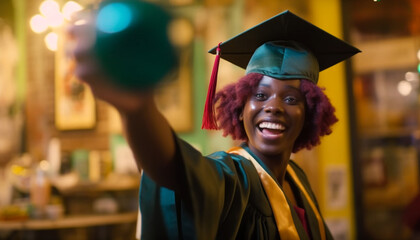 Wall Mural - Young African American woman celebrates success in graduation ceremony outdoors generated by AI