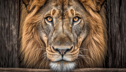 Wall Mural - Majestic lion close up portrait, looking at camera with danger generated by AI