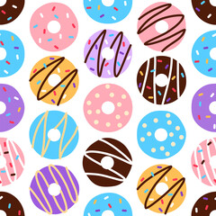 Wall Mural - Bright flat donut seamless pattern on white background. Yummy doughnut with glazed topping repeat tile. Falling minimal art food wallpaper wrapping paper design. Textile creative vector illustration.