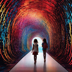 Wall Mural - Binary code, streams of information form a tunnel through which the child walks.