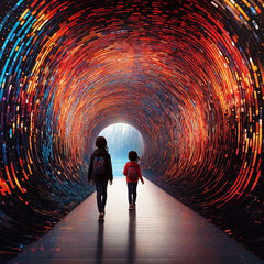 Wall Mural - Binary code, streams of information form a tunnel through which the child walks.