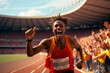 african olympic runner celebrating victory after a race on olympic stadium track