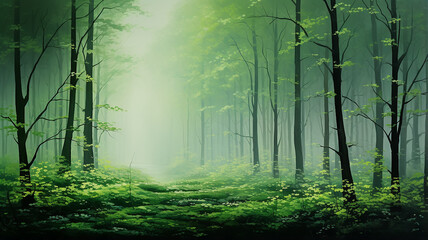 Wall Mural - misty landscape in a fresh green spring forest, trunks of green trees in the mist of the forest morn