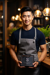 Wall Mural - Asian barista with tablet at cafe entrance.