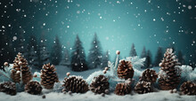 Christmas Background With Pine Cones And Snowflakes
