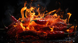 Fototapeta  - fresh hot red chili pepper on a black background, fiery hot seasoning