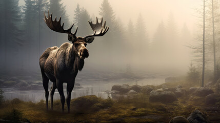 Wall Mural - A Majestic Moose Is In The Misty Forest Captured, Background For Banner, HD