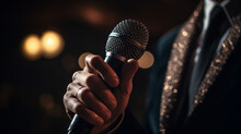 Close Up, Hand Holding A Microphone I Am Singing At A Concert