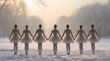 A Group Of Ballerinas In A Row On A Nature Landscape In Winter Dancing Ballet In The Morning Fog Like White Swans On A Lake