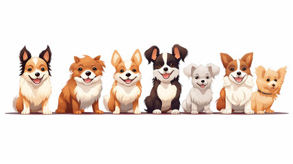 Wall Mural - a group of cute cartoon dogs are sitting in a row isolated on a white background