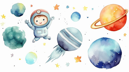 children's illustration of a child watercolor astronaut on a white background, a fairy tale about space flight