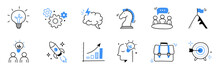 Business idea, startup doodle line icon set. Hand drawn doodle sketch line style business strategy, finance goal growth, startup idea concept. Rocket, target, brain cute element. Vector illustration