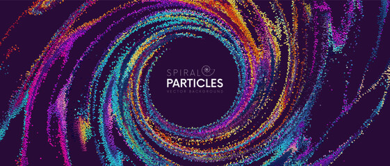 Wall Mural - Beautiful colorful rainbow dynamic particles flowing in form of spiral banner frame. Trendy creative dreamy fluid cover art design for banner, flyer, poster. Mixing particles. Vector illustration
