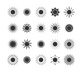 Wall Mural - black sun icons. sunlight burst shapes like weather or summer symbol. cute sunshine icon. vector iso