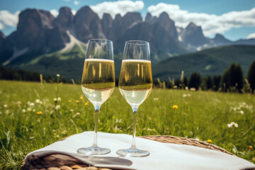 Two glasses of white wine on a picnic blanket, overlooking beautiful mountain landscape. Drinking wine, sunny day in Alps.