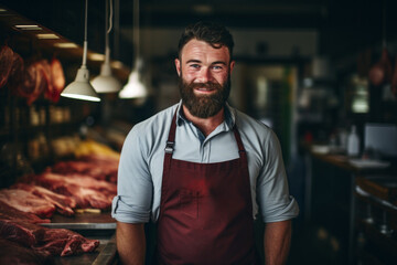 Wall Mural - The man is a professional butcher. Profession concept. Portrait with selective focus and copy space