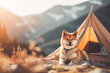 Shiba inu dog sitting in front of tent on rocky surface and blurry mountains landscape background. Created with Generative AI technology