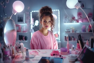 Wall Mural - Confident girl doing make-up in her house.