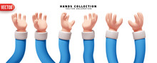 Set Of Hands 3d Realistic Design. Collection Of Cartoon Santa Claus Blue Sleeves, Hands Palm Up Vector Illustration