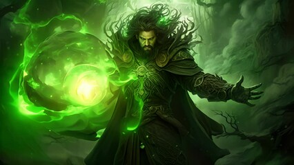 Wall Mural - a powerful druid radiates an aura of soothing green light as they manipulate primordial energies in 