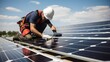 © jackson - Construction workers installing and fixing large solar panels, setting up renewable, green energy generation, depicting the advancement of sustainable practices in the construction industry.