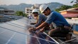 © jackson - Construction workers installing and fixing large solar panels, setting up renewable, green energy generation, depicting the advancement of sustainable practices in the construction industry.