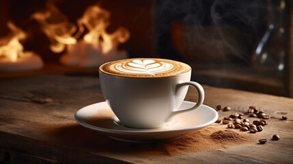 Wall Mural - A steaming hot cup of cappuccino with a delicate foam art, on a wooden table.