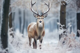 Fototapeta Zwierzęta - deer in winter forest. Snow covered pine trees. Winter landscape. 