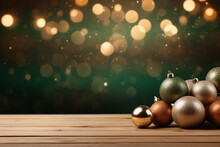 The Close Up Detail Of The Christmas Gold, Green, Red, And Silver Ball Ornament On Wooden Table Isolated On Christmas Green Background With Glare Fairy Lights. Generative AI.