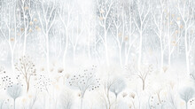 Winter, Light White Background Snowfall In The Forest With A Copy  Space, Trees Covered With Snowflakes, Flat Graphics, Empty Blank Greeting Card, Watercolor Design