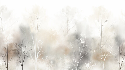 Wall Mural - white watercolor snowfall in the forest, winter abstract background illustration with copy space, greeting card form