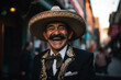 Mariachi smiling right to the camera, Mexican culture, happy Mexican mariachi on the streets of Mexico City.
