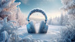 background music, big headphones in winter, snowfall, snowy background music, christmas melody